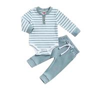 Carolilly - Conjunto de 2 piezas para bebé recién nacido, body de mangas largas con estampado de rayas + pantalón con cintura elástica (0-24 meses), azul, 18-24 Meses