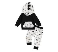 Carolilly Conjunto de 2 piezas para recién nacido masculino con estampado de dinosaurio/camuflaje, sudadera con capucha, manga larga, mono deportivo para niño + pantalones de cintura elástica, Negro