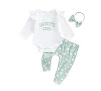 Carolilly - Conjunto de ropa para bebé (3 piezas, con volante de manga larga, estampado de letras + pantalones florales + diadema a juego (0-18 meses), verde, 6-12 Meses