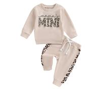 Carolilly Conjunto de ropa para bebé recién nacida, 2 piezas, estampado de leopardo/letras bordadas, sudadera de manga larga + pantalones de chándal de cintura elástica, caqui, 0-6 meses