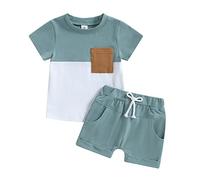 Carolilly - Conjunto de ropa para bebé y niño de verano de 2 piezas, camiseta de manga corta a rayas con bolsillo + pantalones cortos con cintura elástica con bolsillos, azul y blanco, 4-5 Años