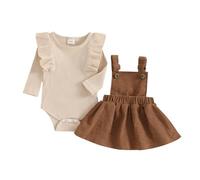 Carolilly - Conjunto de ropa para recién nacido bebé niña, pelele de mangas largas + falda con tirantes de cordón acanalado 2 piezas, atuendo de ropa para primavera, otoño, invierno, marrón, 12-18