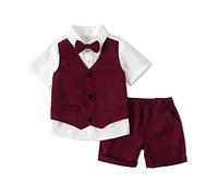 Carolilly - Conjunto de traje de corbata para niño, para bebé, verano, de 3 unidades, blusas de manga corta + pantalones cortos + chaleco (6 meses a 5 años), granate, 18-24 Meses