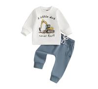 Carolilly Conjunto Infantil de 2 Piezas para Bebé Niño con Estampado de Tractores y Letras, Sudadera de Manga Larga + Pantalón con Cintura Elástica (0-5 años), blanco azul, 0-6 Meses