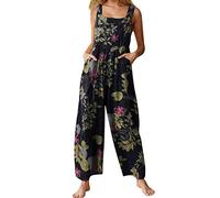 Carolilly Mono de mujer de verano para mujer elegante mono entero jumpsuit casual sin mangas algodón y lino overall pantalones anchos con bolsillos para playa vacaciones, Negro , S