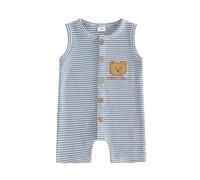 Carolilly Pelele Rayas Bebé Niño Recién Nacido Bordado Oso Ropa Linda Mono sin Mangas Cuello Redondo Mono de Verano, Azul Rayas Pozo, 12- 18 meses