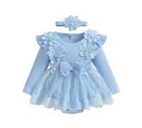 Carolilly - Ropa de bebé recién nacido de 2 piezas, mameluco de manga larga con falda de encaje floral + diadema a juego (1-18 meses), azul, 0-3 Meses