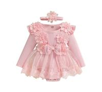 Carolilly - Ropa de bebé recién nacido de 2 piezas, mameluco de manga larga con falda de encaje floral + diadema a juego (1-18 meses), rosa, 3-6 Meses