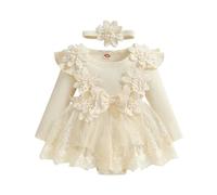 Carolilly - Ropa de bebé recién nacido de 2 piezas, mameluco de manga larga con falda de encaje floral + diadema a juego (1-18 meses), caqui, 0-3 Meses