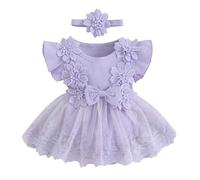 Carolilly - Ropa de bebé recién nacido de verano de 2 piezas, mameluco de manga corta con falda de encaje floral + diadema a juego (0-18 meses), morado, 0-3 Meses