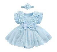Carolilly - Ropa de bebé recién nacido de verano de 2 piezas, mameluco de manga corta con falda de encaje floral + diadema a juego (0-18 meses), azul, 0-3 Meses