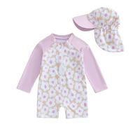 Carolilly - Traje de baño de una pieza para niño, niña, con cremallera, manga larga, antirrayos UV con sombrero (rosa flores, 3-6 meses)