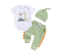 Carolilly Trajes para bebés y niños recién nacidos, mameluco de manga corta + pantalones + sombrero, ropa de regalo para bebés recién nacidos, dinosaurio verde, 0 meses