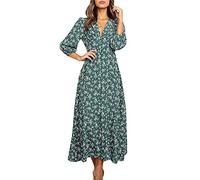 Carolilly Vestido de fiesta para mujer, informal, otoño, cuello en V, estampado, manga larga, para la playa, para el día a día, otoño, sexy, bohemio, estilo largo, verde, L