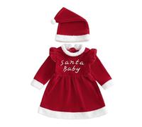 Carolilly - Vestido de Navidad para bebé, terciopelo rojo, manga larga, con gorro de Papá Noel, diseño de Santa Baby, rojo, 6-9 Meses