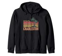 Carolina del Sur Charleston Vintage Retro Olas Atardecer Colores Sudadera con Capucha