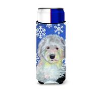 Caroline's Treasures LH9306MUK Old English Sheepdog Winter Snowflakes Holiday Ultra Hugger para latas delgadas Funda para enfriador de latas Fund