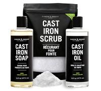 CARON & DOUCET Juego de hierro fundido definitivo PLUS: aceite de condimento, jabón de limpieza y exfoliante restaurador | 100% a base de plantas y lo mejor para limpiar el cuidado, lavar, restaurar y