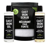 CARON & DOUCET Nuevo juego de hierro fundido: aceite de condimento, jabón de limpieza y exfoliante restaurador | 100% a base de plantas y lo mejor para limpiar el cuidado, lavar, restaurar y