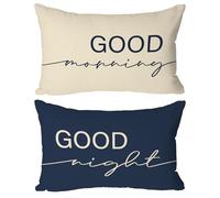 CarOptics Juego de 2 fundas de almohada de estilo rústico de 12 x 20 pulgadas, fundas de cojín de doble tono "Good Morning" y "Good Night", decoración elegante para el hogar, acento elegante para