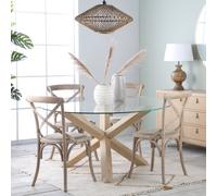 Carot mesa de comedor de madera maciza de mindi color natural y cristal redondo de 120 cm