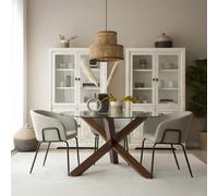 Carot mesa de comedor de madera maciza de mindi color teca y cristal redondo de 120 cm