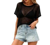 carotoe Camiseta moderna de punto brillante para playa, elástica, ajuste cómodo, para cubrir traje de baño o moda diaria de ganchillo para mujer
