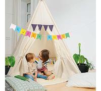 Carpa de Juegos para niños Tipi Carpa para niños Fabricada con Materiales 100% Naturales; Tienda India para habitación de niños Hecha de algodón y Madera para Interiores y Exteriores (Beige)