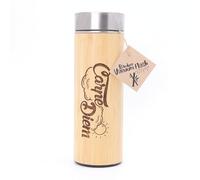 CARPE DIEM - Termo de bambú con texto grabado. Termo de acero inoxidable para uso diario, en el coche o para llevar. Apto para bebidas frías y calientes. Botella térmica con estilo.