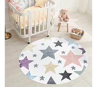 Carpet City Alfombra Infantil Con Estrellas - Crema - 160 cm Redonda - Pelo Corto y Suave - Colores Variados