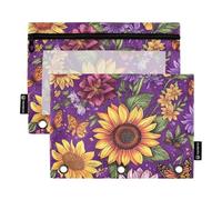 Carpeta 3 anillos con cremallera con ventana transparente pintura al óleo con girasoles retro amarillos, estuche organizador en varios colores, carpetas perforadas de 3 agujeros para escuela, oficina