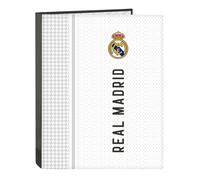 REAL MADRID 1ª EQUIPACIÓN 24/25 - Carpeta con Folios 4 Anillas, Ideal para Niños de Diferentes Edades, Cómoda y Versátil, Calidad y Resistencia, 26.5x33 cm, Color Blanco/gris
