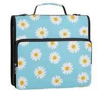 Carpeta básica de 3 anillas de 1.5 pulgadas, con anillos en D, margaritas blancas, lunares azules y blancos, organizador de cremallera, funda de almacenamiento con asa, bolsa escolar con correa para