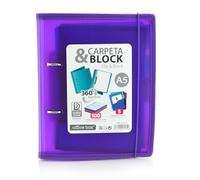 Carpeta & Block A5 (cuartilla) - Carpeta de 2 Anillas con bordes reforzados y Cierre de Gomas - Incluye 100 hojas con 5 Separadores Dobles más 10 Indicadores adhesivos by Office Box. (Morado)