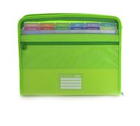 Carpeta Clasificadora VISION con 12 Divisiones y estuche frontal para guardar tus utiles + 80 Adhesivos, Cierre de Cremallera, Laterales Reforzados - by office box (Verde)