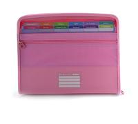 Carpeta Clasificadora VISION con 12 Divisiones y estuche frontal para guardar tus utiles + 80 Adhesivos, Cierre de Cremallera, Laterales Reforzados - by Office box. (Rosa)