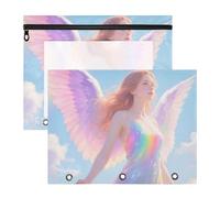 Carpeta con cremalleras suaves, bolsillo de 3 anillos para cartas de papel A4, paquete de 2 suministros para estudiantes, aula, ángel, color arcoíris
