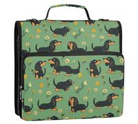 Carpeta de 3,8 cm con 3 anillas y correa para el hombro, con cremallera, para estudiantes de secundaria, dibujos animados, diseño de perro salchicha, color verde