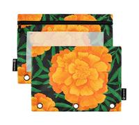 Carpeta de 3 anillas con cremallera y flores de caléndula naranja, hojas verdes, bolsillos transparentes, 24,8 x 18 cm, 2 paquetes
