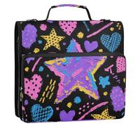 Carpeta de 3 anillas con diseño de estrellas en forma de corazón, color morado, con cremallera, correa para el hombro y asa, impermeable, para oficina, escuela, paquete de gestión de documentos