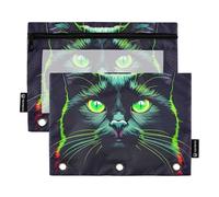 Carpeta de 3 anillas con diseño de gato negro y ojos verdes brillantes, con cremallera, para lápices, lápices de ceras, estuche transparente para escuela, mujeres, 9.8 x 7.1 pulgadas, 2 paquetes