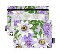 Carpeta de 3 anillas para lápices, color blanco, flores de la pasión, moradas, con cremallera, estampas divertidas, carpetas escolares, bolsillos transparentes personalizados, 9.8 x 7.1 pulgadas, 2