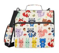 Carpeta de 3 anillos con estampado de animales de dibujos animados de 1.5 pulgadas con cremallera y correa para el hombro, organizador de documentos impermeable para la escuela y la oficina