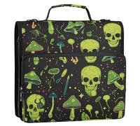 Carpeta de 3 anillos de 3,8 cm con cremallera y correa, incluye bolsillo con cremallera, cartera portátil para estudiantes de medio medio, calavera verde neón y hongos