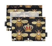 Carpeta de 3 anillos para niñas, estuche para lápices, estuche con cremallera, carpeta escolar rosa, bolsillos transparentes, abejas, coronas reales, color negro, 9.8 x 7.1 pulgadas, 2 paquetes