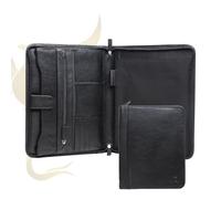 Carpeta de conferencias London de piel 100% auténtica, tamaño A4, con compartimento acolchado de 12 pulgadas, bolsillos para tarjetas y cremallera, cremallera alrededor, color negro