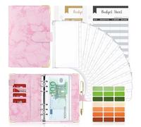 Carpeta de Cuaderno A6, 26pcs Cubierta de Hojas Sueltas de Cuero de PU con 12 bolsas de color transparente con cremallera, Clasificador de presupuesto para Guardar Tarjetas Fotos Facturas-Mármol Rojo