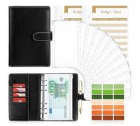 Carpeta de Cuaderno A6, TAOPE 26pcs Cubierta de Hojas Sueltas de Cuero de PU con 12 bolsas de transparente con cremallera, Clasificador de presupuesto para Guardar Tarjetas Foto Facturas - Negro Puro