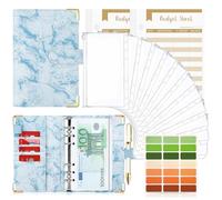 Carpeta de Cuaderno A6, TAOPE 26pcs Cubierta de Hojas Sueltas de Cuero de PU con 12 bolsas de transparente con cremallera, Clasificador de presupuesto para Guardar Tarjetas Foto Facturas - Mármol Azul