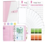 Carpeta de Cuaderno A6, TAOPE Cubierta de Hojas Sueltas de Cuero de PU con 12 bolsas de color transparente con cremallera, Clasificador de presupuesto para Guardar Tarjetas Fotos Facturas - Rosa